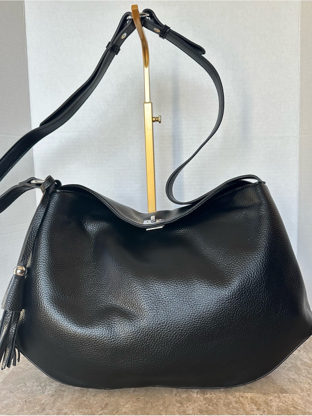 Black Pebbled Faux Leather Hobo Bag Slouchy Tassel Shoulder Crossbody Purse Chic